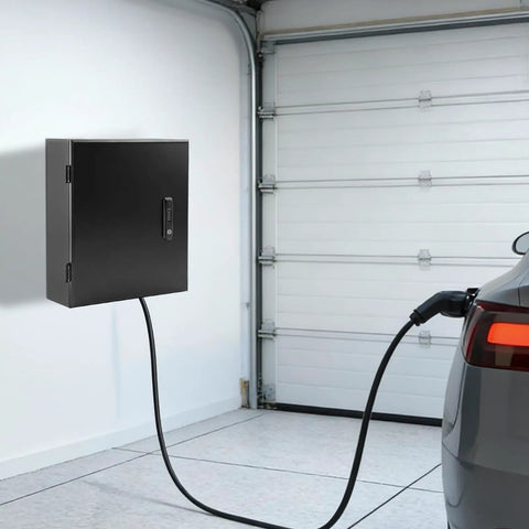Hella Tough Wall Mounted EV Charger Outdoor Enclosure Rugged Weatherproof Protection Shell on garage wall with charging cable.