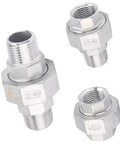 304 Stainless Steel BSPT Piping Union Set One And One Quarter Inch One And One Half Inch Two Inch Three Inch Female To Male Threaded Tube Connector Pipe Fitting G12 M To M Heavy Duty Easy Install with various connector sizes on display.