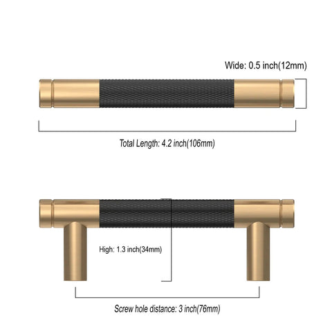 3 Inch Knurled Cabinet Pulls 10 Pack Matte Black And Champagne Bronze Drawer Handles with dimensions and screw hole spacing