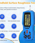 Handheld surface roughness tester with pro grade digital profilometer, measures surface finish on planes, curved surfaces.