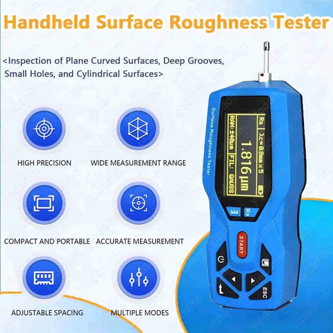 Handheld surface roughness tester with pro grade digital profilometer, measures surface finish on planes, curved surfaces.