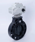 Motorized UPVC Pneumatic Wafer Type Electric Valve 220V For Water Liquid Steam Gas And Oil Lines DN50 DN40-DN300 on white background