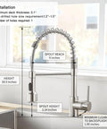 LED Light Kitchen Faucet With Pull Down Sprayer In SS304 Stainless Steel Brushed Nickel Finish, height 18.5 inches, spout reach 9 inches, shown in kitchen sink setup.