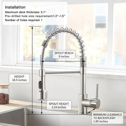 LED Light Kitchen Faucet With Pull Down Sprayer In SS304 Stainless Steel Brushed Nickel Finish, height 18.5 inches, spout reach 9 inches, shown in kitchen sink setup.