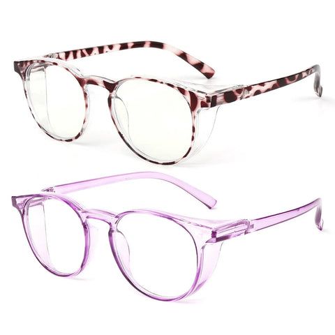 Two Pack Blue Light Blocking Reading Goggles For Men And Women With Bifocal Lenses, Computer Glasses For Screen Time, Anti Fog And Anti Dust Safety Eyewear For Eye Strain Relief And Pollen Shield; Tortoiseshell and clear purple frames
