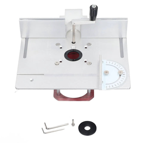 Solid Aluminum Router Table Insert Plate With Smooth Flip Lift Base And Quick Zero To Fifty Four Millimeter Height Tweaks For Weekend Warriors And Legit Shop Upgrades showing top view with adjustment tools.