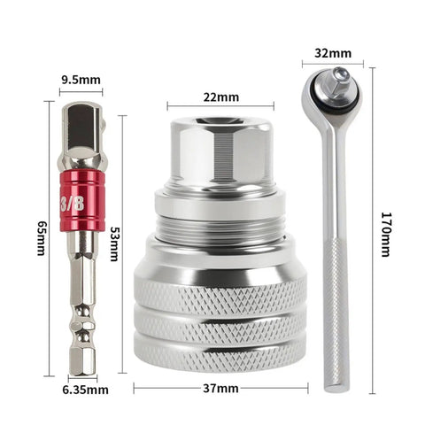 Rugged Adjustable Socket Wrench Kit Featuring Knurled 3/8 Inch Ratchet And Double Groove Extension Bar, showing ratchet and socket details.
