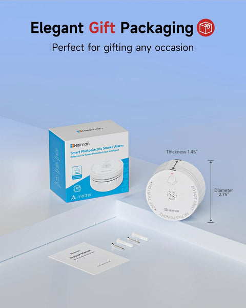 Matter Enabled Smart Smoke Detector Leveraging Local Thread Connectivity Works Smoothly With Apple Home And Alexa in gift packaging with manual included.