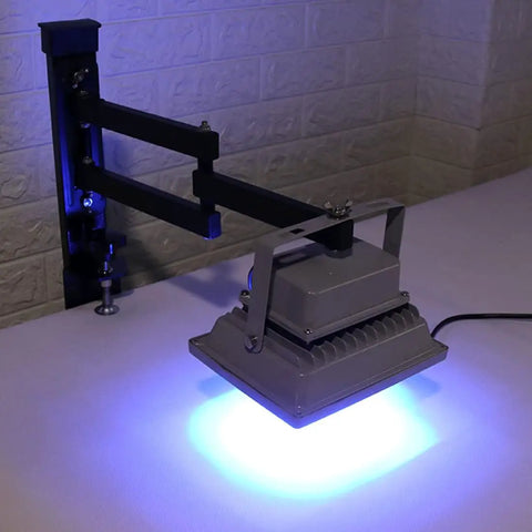 Heavy Duty Bang For Buck 20W Led Uv Exposure Unit With Dead Accurate 365Nm Beam mounted on a desktop clamp for screen printing.