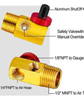Heavy Duty Air Tank Repair Kit Includes Brass Manifold Valve with manual override and aluminum shutoff knob for compressor fixes.