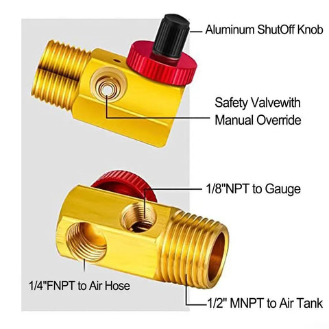 Heavy Duty Air Tank Repair Kit Includes Brass Manifold Valve with manual override and aluminum shutoff knob for compressor fixes.