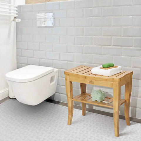 Bamboo Shower Bench With Shelf And Free Soap Dish For Spa Like Bathrooms No Fuss Easy Set Up 19 Inch Waterproof Bath Seat