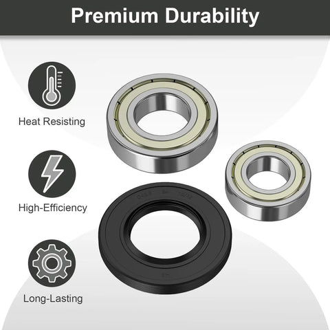 Heavy Duty Front Load Washer Bearing And Seal Kit Quiets Loud Grinding with two bearings and a rubber seal for durability.