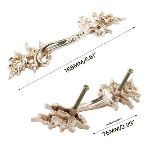 5 Pcs French Provincial Drawer Pulls In Warm Antique Gold Finish with dimensions 168mm and 76mm, designed for kitchen cupboards and dressers.