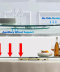 Extra Large Clear Glass Lazy Susan Turntable Smooth Rotating Serving Tray with wheel support and stable base for dining.