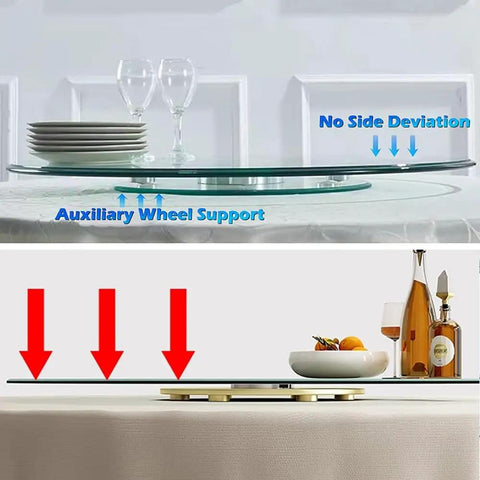 Extra Large Clear Glass Lazy Susan Turntable Smooth Rotating Serving Tray with wheel support and stable base for dining.