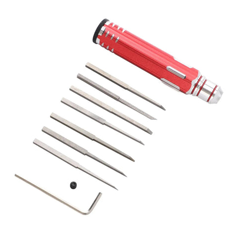 Straight Up Reliable Tungsten Steel Model Scriber With Seven Ultra Fine Blades For Slick Line Cutting Scale Kits Bonsai Trimming And Hella Detailed Hobby Crafts showing red aluminum frame and steel blades.