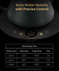 Close-up of Gooseneck Electric Kettle With 1 Degree Temperature Control 1500W fast heating interface and display with timer chart