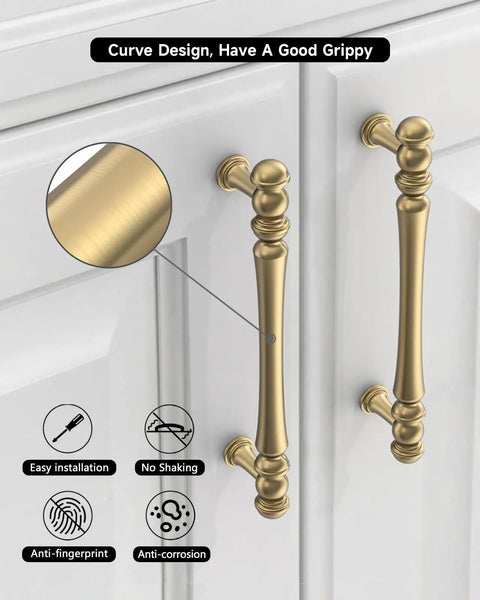 Top Shelf Brushed Brass Cabinet Handles 5 Inch Kitchen Pulls Hella Sturdy Zinc Alloy Rustproof Drawer Knobs on white cabinet doors.