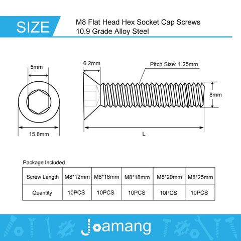 M8 Flat Head Hex Socket Cap Screws 10.9 Grade Alloy Steel dimensions with length options and specifications.