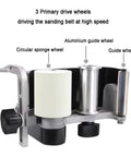 Heavy Duty Pneumatic Roller Belt Sander With Adjustable Handle And High Speed 7000 RPM Motor showing 3 drive wheels for sand belt.