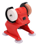 Tough As Nails 18V Cordless Mini Bench Grinder And Polisher Kit showing dual corundum wheels and vibrant red housing.