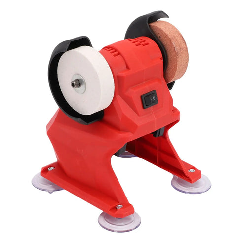 Tough As Nails 18V Cordless Mini Bench Grinder And Polisher Kit showing dual corundum wheels and vibrant red housing.