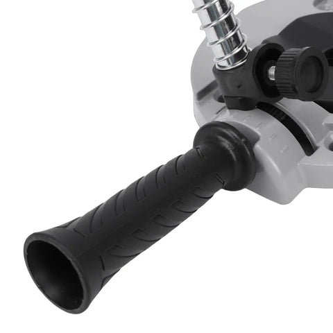 Close-up of handle on Beefy Portable Drill Guide 90 Degree Adjustable Drill Press Attachment in aluminum and cast iron.