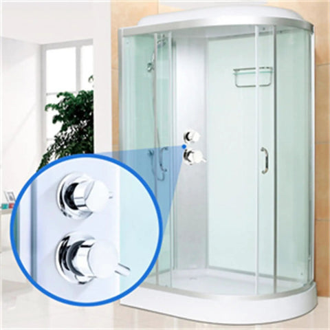 Multi Way Brass Shower Mixing Valve With Ceramic Cartridge Cold And Hot Water Diverter For Tub And Overhead Sprayer Bathroom Plumbing Fixture close-up knobs.