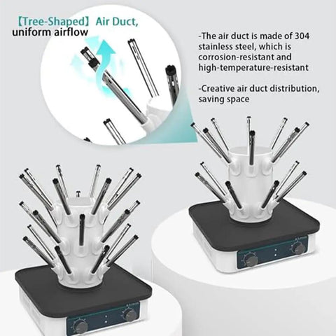 12 Hole Lab Airflow Glassware Dryer Rack With Tree Branch Duct And Electric Heater, featuring stainless steel air duct for uniform airflow.