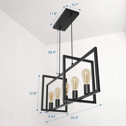 Modern Farmhouse Kitchen Island Chandelier with Industrial Matte Black Finish Open Geometric Frame 5 Light Island Light Fixture for Dining Room Kitchen and Living Room Adjustable Height for a Cool Rugged Yet Elegant Home Vibe