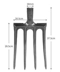 Beefy Garden Digging Fork For Hard Ground with 4 tines, 34mm pole, high carbon steel, dimensions displayed, ideal for soil lifting.