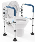 Heavy Duty Toilet Safety Rail With Reinforced Wheel Support Frame And Anti Slip Locking Feet Built Tough For Seniors To Sit And Stand Dead Steady At Home Supports Up To 350 Pounds Without A Single Wobble next to a toilet.