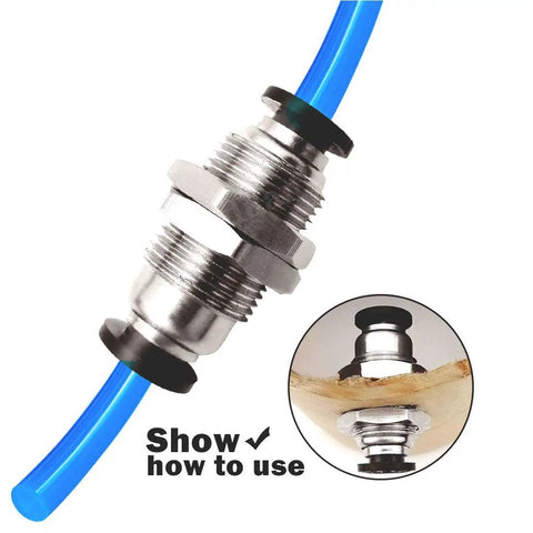Push To Connect Pneumatic Bulkhead Union Fitting 6mm OD To 6mm OD For Air And Water shown connecting blue tubing, easy install.