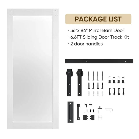 Straight Glide 36 By 84 Inch Frosted Glass Barn Door With Heavy Duty Rolling Hardware Kit components, including door and track kit.