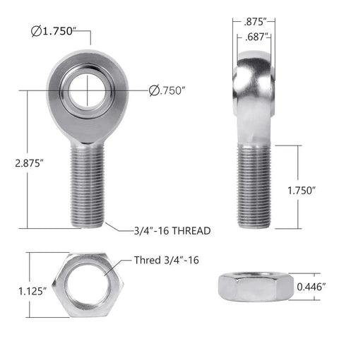 Super Heavy Duty 3/4 Inch Spherical Heim Joint Assembly With Dual Rod Ends And Precision End Fittings dimensions and thread details.