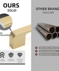 Comparison of solid 10 Pack 4 Inch Brushed Gold Cabinet Pulls Made From Solid Zinc Alloy For Kitchen Cabinets And Dresser Drawers Brushed Brass Hardware with hollow alternatives.