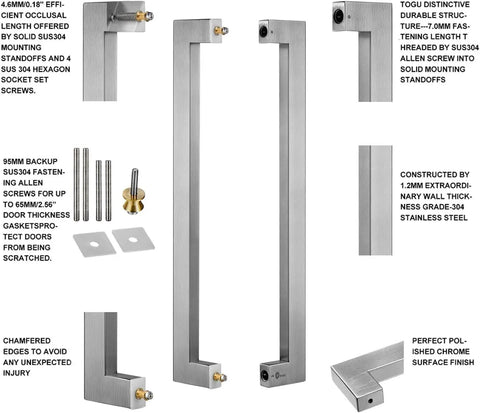 18 Inch Solid Standoffs Beefy Push Pull Door Handle Heavy Duty Commercial Grade 304 Stainless Steel With Full Brushed Finish For Barn Doors And Glass Pulls Mounting Hardware Included, brushed steel L-handle with standoffs and screws