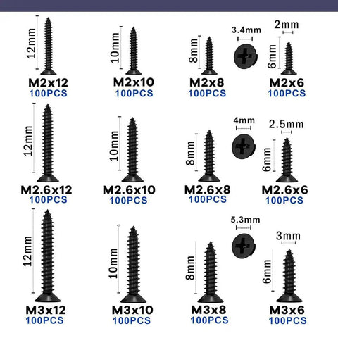 Heavy Hitter 1200 Piece Black Phillips Flat Head Self Tapping Screw Set M2 M2.6 M3 Carbon Steel with sizes and quantities shown