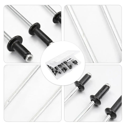 Aluminum Blind Rivets Kit 120 Piece Set In Black With M2.4 M3.2 M4 Sizes showing smooth finish and standard head