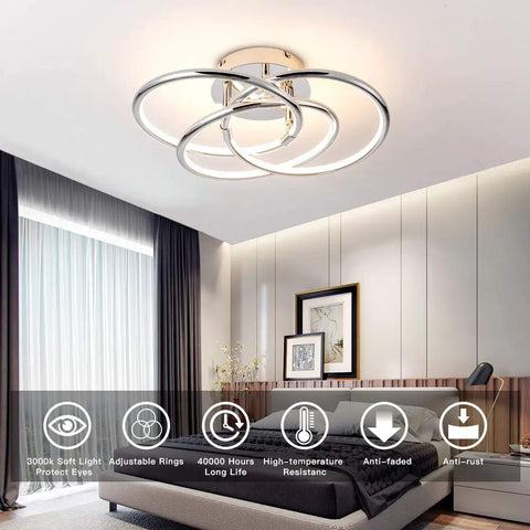 Silver LED Ceiling Light Flush Mount With Dimmable 3000K To 6000K Range in modern bedroom setting.