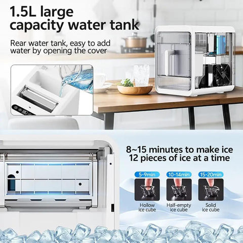 1.5L large capacity water tank of Compact Nugget Ice Maker With Self Cleaning Countertop Design for easy filling.