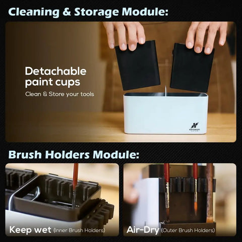 Portable All In One Modular Painting Station With Wet Palette, Brush Cleaners, Holders, Lid, and detachable paint cups for easy organization.