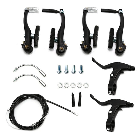 All In One Bike Brake Set With Calipers, Levers, Cables, Black Aluminum Alloy Handlebars, V Brake Kit for Mountain and Road Bikes