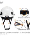 Worksite Ready Construction Hard Hat With Adjustable Visor And Ventilation, chin strap and ratchet knob detail, ANSI Z89.1