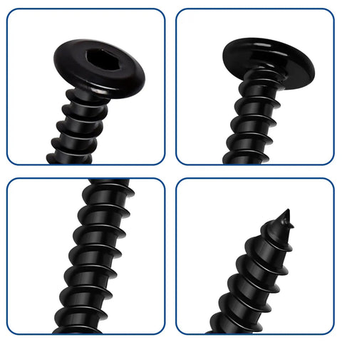 Close-up views of Heavy Duty M5 X 10mm Flat Head Socket Cap Self Tapping Screws With Allen Hex Drive and Matte Black Finish.