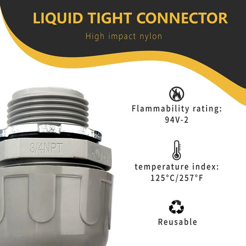 Three Quarter Inch Liquid Tight Conduit Connector 180 Degree Straight Non Metallic NPT Nylon 6 PVC Electrical Fittings