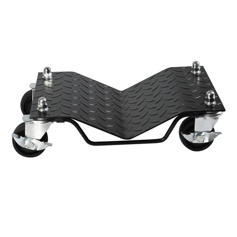 Straight Up Heavy Duty 6000lbs Car Moving Dollies 4 Pack With Secure Locking Brakes And Solid Steel Frame For No Sweat Hauling SUV Rolling And Rock Solid Storage Moves In Matte Black side view of a dolly with rubber wheels.