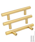 30 Pack Three Inch Hole Center Brushed Gold Stainless Steel Cabinet Handles Delivering Dang Good Grip And Butter Smooth Action For A Serious Kitchen Makeover showing three handles and installation screws.