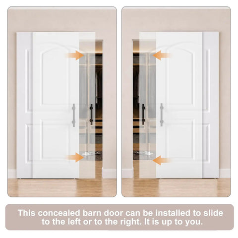 Zero Hassle Concealed Barn Door With Butter Smooth Soft Close Glide And Show Stopper Two Panel Raised Arch Design In Crisp White Primer sliding options shown.